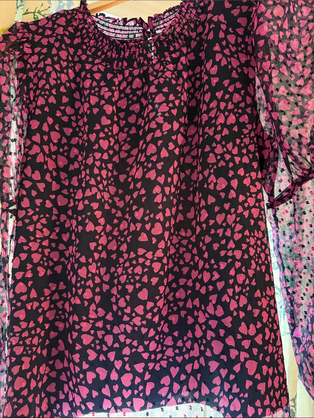 Sheer navy Blouse with Pink Heart Print